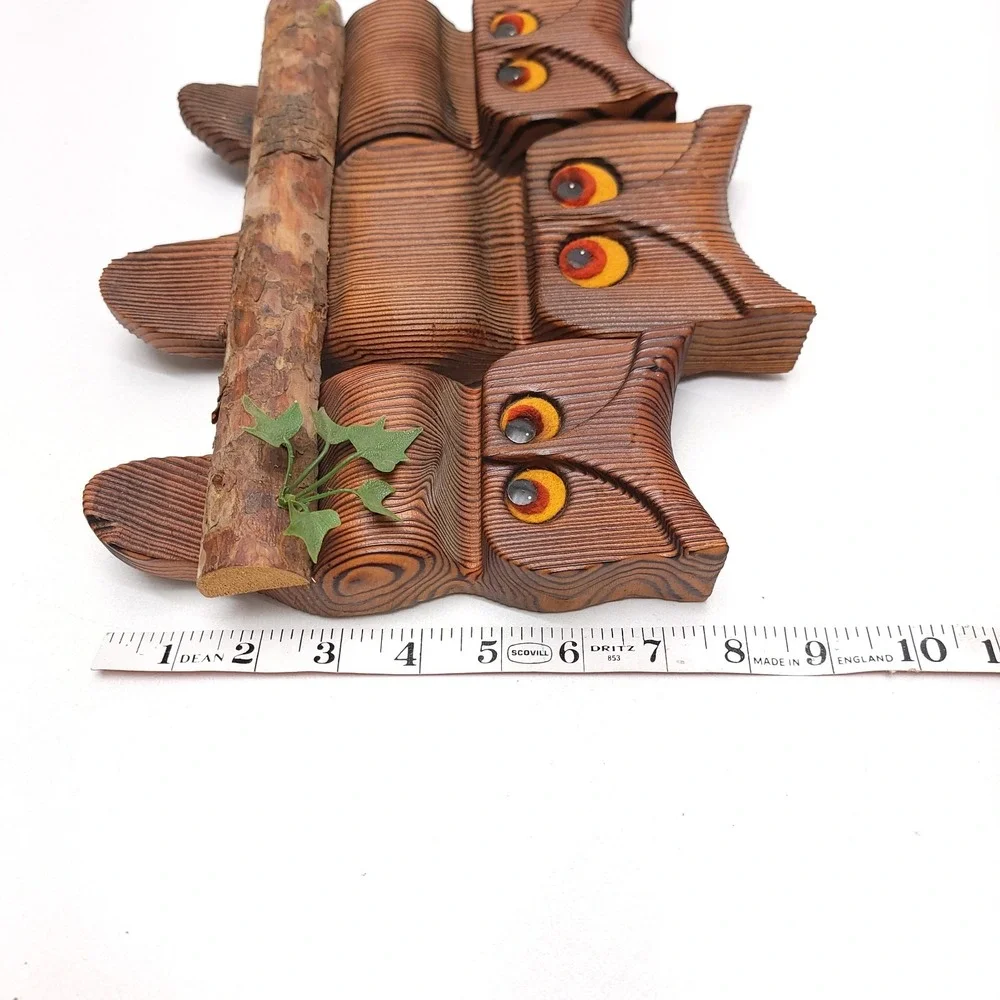 Large Witco Wooden 3 Owls On A Branch‎ Wall Art Orange Tack Felt Eyes Carved MCM